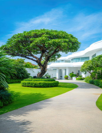 A well-maintained outdoor scene features a modern white building with a curving path leading through vibrant green grass. A large tree provides shade, complemented by other carefully manicured plants. The bright daylight suggests a sunny day, suitable for various editorial and commercial applications.の素材