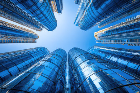 An upward perspective captures a group of tall buildings with reflective glass facades. The skyscrapers' surfaces mirror the sky's vast blue expanse. The composition emphasizes height, symmetry, and architectural details. It suggests a metropolitan environment suitable for various commercial or design projects.の素材