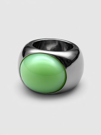 A close-up photograph showcases a modern silver ring featuring an oval-shaped green stone. The polished metal reflects surrounding light, highlighting its smooth texture. The design is simple, with the vibrant green stone contrasting against the ring's cool metallic tones. Suitable for jewelry advertising or conceptual design projects, the image has copy space.の素材