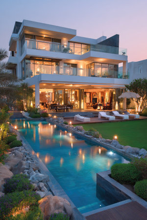 This image showcases a contemporary multi-story home featuring a large swimming pool. The architectural design highlights geometric shapes with glass windows reflecting the interior lighting. The overall scene suggests a sophisticated ambiance and refined lifestyle, suitable for various editorial and commercial applications. The composition is well-lit, offering ample copy space.の素材