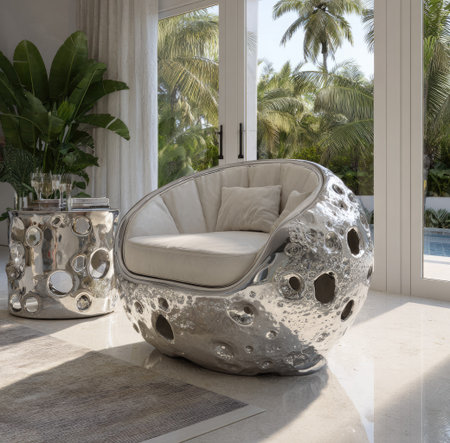 An unusual silver chair and side table are displayed in a bright interior space. The furniture has a textured, pitted surface with cutouts. The composition is lit by natural light streaming through a window revealing palm trees. This image may be used for design, home decor, or lifestyle related projects.の素材