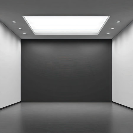 A contemporary interior space features a dark wall contrasting with bright white side walls and ceiling lights. The minimalist design showcases a glossy black floor reflecting the overhead lighting. This image could be suitable for architectural, design, or conceptual projects highlighting space and form for various commercial applications.の素材