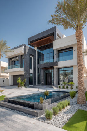 A contemporary architectural design showcases a multi-story home with a swimming pool, palm trees, and manicured landscaping. The exterior features glass windows, and a combination of white and dark gray materials. The scene is illuminated by natural sunlight, suggesting a bright and inviting environment. Suitable for real estate, home design, or lifestyle publications.の素材