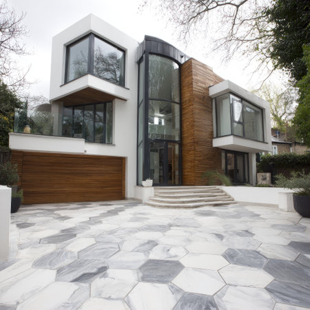 This image showcases a modern residential building featuring a combination of wood and white exterior elements. The architecture utilizes large windows and a geometric design, possibly suggesting a contemporary or luxury context. It is well-suited for architectural presentations, real estate marketing, or illustrating design concepts.の素材