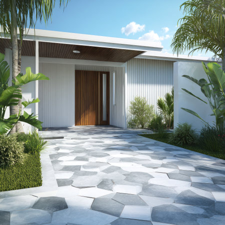 A contemporary architectural facade features a wooden door and a decorative driveway, complemented by lush greenery and palm trees. The scene is illuminated by sunlight creating a bright, appealing atmosphere. Suitable for use in visual representations of real estate, design, and lifestyle content.の素材