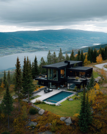 An aerial view presents a contemporary home featuring a swimming pool, nestled amidst a natural, mountainous environment. The architectural style emphasizes clean lines and large windows. The scene features autumnal colors, showcasing a balance of natural beauty and modern design, suitable for various editorial and commercial applications.の素材