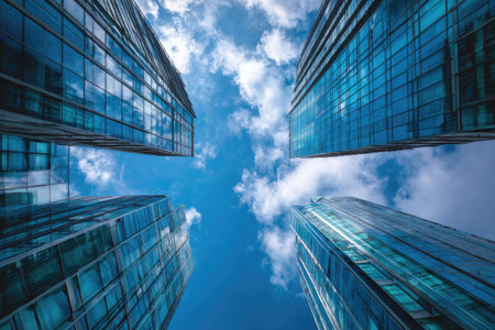 High-angle view presents several modern high-rise buildings. The structures are mainly glass and steel reflecting the daylight. Fluffy clouds drift across a vibrant blue sky, creating a contrasting background. The image could be used for various commercial projects related to real estate, architecture, or urban development.の素材