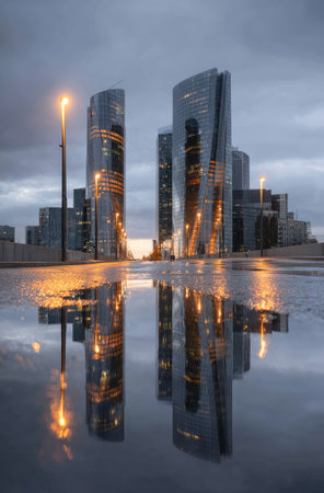 High-rise buildings stand tall, reflecting in a water surface under a cloudy sky. The composition showcases architectural structures with reflective glass, enhanced by warm, artificial light. The scene appears urban, potentially at dusk or dawn, suitable for various commercial uses.の素材