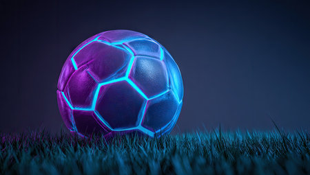 A soccer ball is illuminated with neon light, sitting atop a bed of artificial grass. The image features a dark background, and the ball's design is highlighted by glowing blue and purple lines. The scene suggests a sports-related or technological theme, suitable for various promotional or editorial projects.の素材