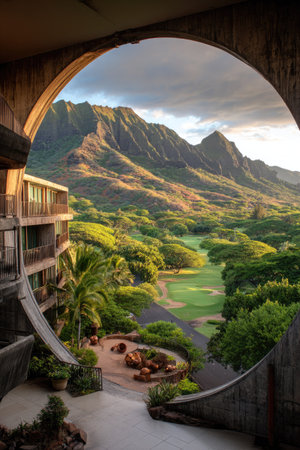 An architectural structure frames a scenic view of a mountain range and surrounding lush greenery. The composition features natural elements, including a cloudy sky and varied vegetation. This image may be suitable for editorial and commercial applications, showcasing natural beauty and architectural design.の素材