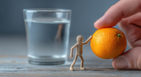 A small wooden figure interacts with a vibrant orange fruit, positioned near a glass of water. The scene presents a light-toned wooden tabletop. The composition includes an out-of-focus background. This image could be used for various purposes such as health and wellness concepts.の素材