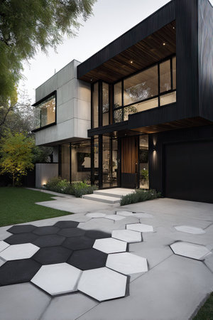 An exterior view showcases a modern residential building featuring geometric design elements. The composition highlights a combination of concrete, wood and glass, with contrasting black and white tones. The building is surrounded by a landscaped area with hexagonal paving. Suitable for architectural, real estate, or design-related content.の素材