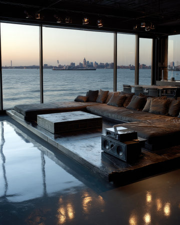 A contemporary living room showcases a large sectional sofa and a central coffee table, all set on a raised platform. The room is bathed in warm, soft lighting, complementing the neutral color palette. Expansive windows offer a panoramic view of the water and a distant cityscape, suggesting potential uses for interior design or lifestyle imagery.の素材