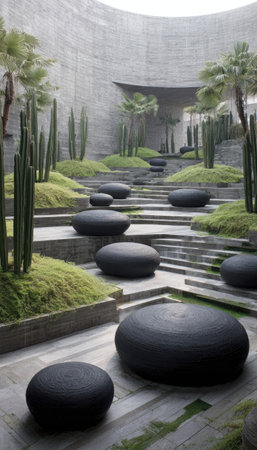 This image showcases a modern landscape design. The composition reveals tiered levels with dark stone elements and carefully placed greenery. The scene presents a sense of calm and order, employing clean lines and a minimalist style. Suitable for illustrating architectural concepts, design projects, or environmental themes, the image conveys a sense of tranquility.の素材