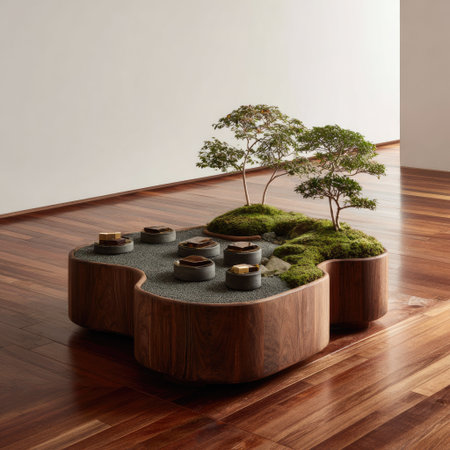 An intricately designed table features bonsai trees and a moss garden. The composition uses natural wood tones and a muted color palette. The artistic arrangement is lit with soft lighting, creating a calm and contemplative atmosphere. This image is suitable for various commercial uses, including home decor and design projects.の素材