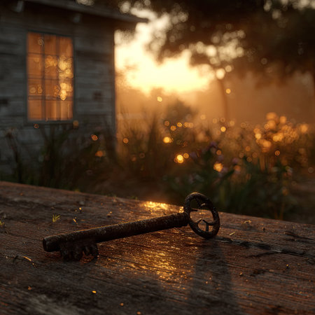 An antique key rests on a weathered wooden surface, illuminated by golden sunlight. The composition features a blurred building in the background. The scene showcases a rustic aesthetic with soft lighting and an overall feeling of tranquility. This image is suitable for various commercial uses, including website design or editorial content.の素材