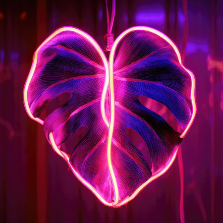 A leaf form is illuminated with neon-style lighting, showcasing pink and purple hues. The composition features a symmetrical arrangement, with a focus on the glowing outline. The high-contrast, artistic presentation suggests creative possibilities. This image could be used for various design, decorative and promotional applications.の素材