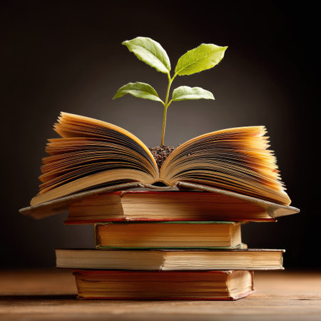 An open book rests atop a stack of closed books with a small plant sprouting from its pages. The image displays warm tones and soft lighting against a dark background, creating a sense of depth and focus. This arrangement could be used to represent learning, growth, or the spread of knowledge.の素材