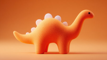 An orange dinosaur figurine is the central subject of this image. The toy, with white details, is set against a matching orange backdrop. The composition is clean, with soft lighting and a focus on form. The image could be used for illustrations, educational materials, or decorative purposes.の素材