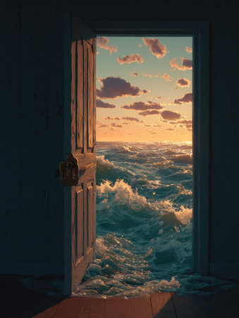An open doorway reveals a seascape of churning ocean waves under a vibrant sunset sky. The image features a composition with the door frame in shadow, contrasting with the bright colors. This artistic shot is suitable for various commercial purposes, including illustrations and editorial content.の素材