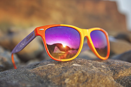 A close-up captures a pair of sunglasses with vibrant orange frames and purple lenses. The lenses reflect a sunset scene. The glasses rest on a textured, grey rock surface. This image uses overhead lighting and could be suitable for lifestyle advertising, travel, or fashion related projects.の素材