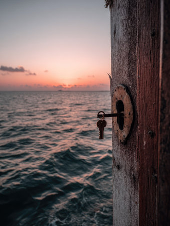 An aged wooden door featuring a key in its lock provides a framed view of the ocean horizon during a sunset. The image exhibits a color palette of oranges, blues, and browns with textured surfaces and a shallow depth of field. This composition is suitable for editorial and design projects.の素材