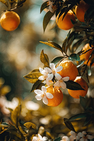 An orange tree branch displays ripe fruit alongside delicate white blossoms. The photograph showcases vivid orange hues and green leaves, with soft, natural lighting creating depth. This image can be used for commercial projects, illustrating nature, or promoting healthy living concepts. The background has an out-of-focus bokeh effect.の素材