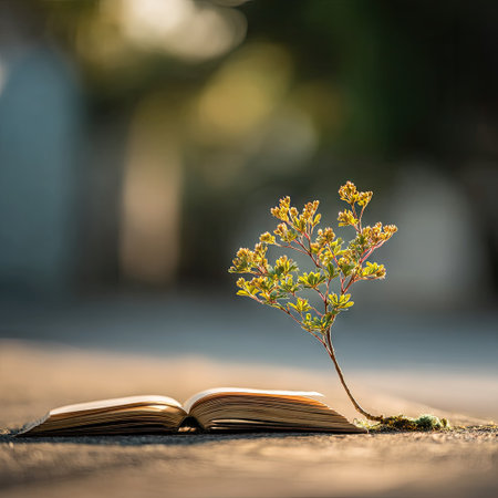 An open book rests alongside a small plant with vibrant yellow and green leaves. The composition features soft, blurred backgrounds and warm sunlight. This image evokes themes of learning, growth, and the connection between nature and knowledge, suitable for various editorial and commercial projects.の素材