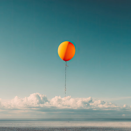 An orange balloon hovers above a layer of fluffy white clouds, set against a backdrop of a vast, tranquil blue sky. The composition emphasizes simplicity and open space, suggesting a sense of elevation and aspiration. This image is suitable for various commercial uses, including advertising and editorial content.の素材