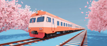 A long, orange and white train is captured on tracks, its composition balanced by soft, pink trees. The image showcases the train in motion, against a background of a clear, blue sky. This illustration has the potential for use in various commercial applications, including editorial designs and marketing materials.の素材