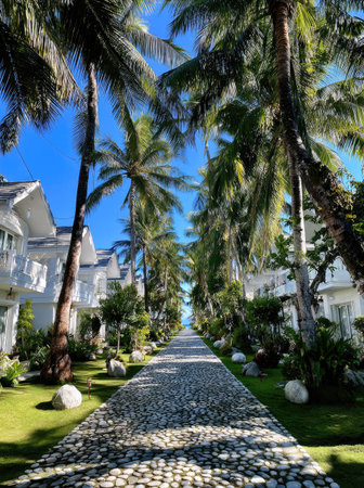 An inviting stone path stretches towards the horizon, framed by tall palm trees. White buildings with intricate architecture line the pathway. The scene is illuminated by sunlight, with lush green grass and trees surrounding the path. This image is suitable for travel, architectural, or lifestyle projects.の素材