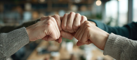 The image shows several people fist bumping, emphasizing teamwork and agreement. It is characterized by warm tones, soft focus, and a shallow depth of field. The scene likely occurs indoors during the day, possibly in a meeting or workspace. This image could be utilized in various commercial and editorial contexts.の素材