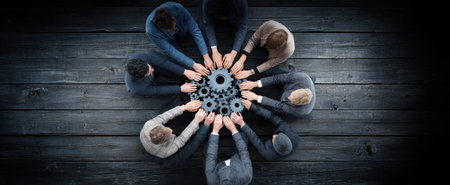 Overhead view shows a group of people, dressed in business attire, surrounding gears. The composition features a dark wooden surface. The visual conveys themes of cooperation and unity. Suitable for projects related to business, engineering, or articles emphasizing group efforts and partnerships.の素材