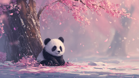 A panda rests under a blooming cherry blossom tree. The illustration showcases a soft color palette with pink and white hues. The scene evokes a tranquil atmosphere and might be suitable for various creative projects. The art style could be employed in designs for prints, posters, or digital content.の素材