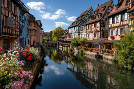 A view showcases a tranquil canal flanked by traditional timber-framed buildings and vibrant flowerbeds. The composition features reflections on the water's surface, reflecting a bright, sunny day. This image could be used for travel, tourism, or cultural heritage related projects.の素材