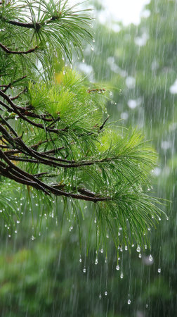 A close-up captures a wet pine tree branch with needles and rain drops cascading down. The image showcases natural green hues and a soft, blurred background suggesting depth of field. This photo may be suitable for illustrating topics related to nature, weather conditions, or environmental themes.の素材