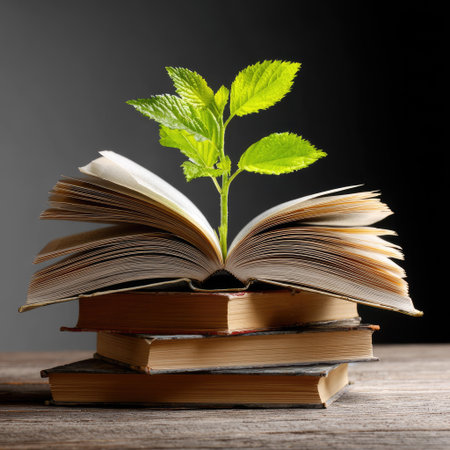 A stack of books is topped with an open book, from which a green plant sprouts. The image displays a close-up composition, with warm colors and natural lighting. This visual can be suitable for educational materials, illustrating concepts like learning, growth, and development. It is ideal for various commercial and editorial applications.の素材