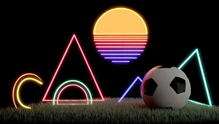 A soccer ball sits on grass in front of neon shapes and a retro sunset. The vibrant composition features glowing lines against a dark backdrop, creating a modern, abstract look. This image is suitable for promotional materials, website design, and various creative projects needing a bold, eye-catching visual element.の素材