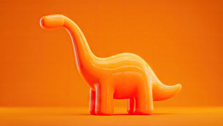 A vibrant orange dinosaur sculpture stands prominently against a matching orange background. The digital artwork showcases a smooth, glossy texture and a clean, minimalist style. This image could be suitable for various commercial applications, including illustrations, advertising, and design projects. The lighting appears even, suggesting a studio environment.の素材