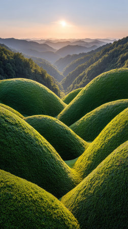 A scenic landscape presents rolling green hills under a bright sky. The image showcases textures, with variations in light across the hills. Distant mountains fade into the horizon. This image is suitable for various commercial uses, including website backgrounds and print media, representing nature.の素材