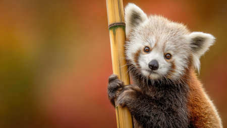 A red panda is perched beside a bamboo stalk, captured with a shallow depth of field. Its fur displays shades of brown, red, and white. The composition highlights the panda's expressive eyes against a blurred backdrop. This image could be suitable for various editorial and commercial applications.の素材