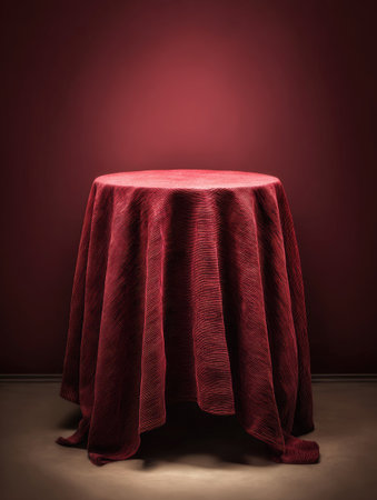 A circular table draped in textured red velvet dominates the composition, positioned before a dark maroon background. The soft folds of the fabric create a dynamic visual appeal. The lighting highlights the object, hinting at an indoor setting. This image is suitable for commercial uses, as a backdrop or display.の素材