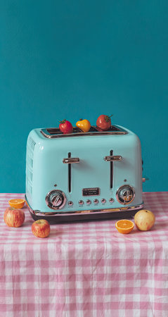 A teal retro toaster is the main subject, with various fruits placed on top and around it, placed over a pink and white checkered tablecloth. The composition is simple, with the background a solid teal. The lighting is soft and even. Suitable for culinary, lifestyle, or design-related visual content.の素材