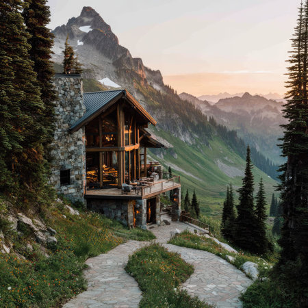A wooden cabin is situated on a hillside, featuring a stone facade and a balcony overlooking a vast mountain range. The image displays a natural palette of greens, browns, and grays, with warm sunlight illuminating the scene. This picture could be used for promoting travel, tourism or showcasing architecture.の素材