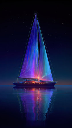 A sailboat is depicted at night, illuminated with an array of colorful lights. Its sails and hull reflect in the still water below a dark sky. The scene is composed to emphasize symmetry, with soft lighting and a focus on color gradients. This image is suitable for promotional materials or editorial content.の素材