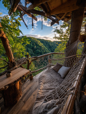 A treehouse with a hammock is set against a vibrant green forest background. The wooden structure has a natural, handcrafted style. Sunlight filters through the trees, casting shadows and creating a sense of peace. This image could be used in design, travel, or lifestyle projects.の素材