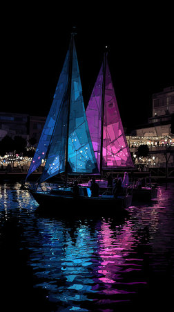 Two sailboats are depicted on a body of water, their sails brightly lit with blue and purple hues. The reflection of the illuminated sails creates a symmetrical effect on the water's surface. The composition suggests a nighttime setting with a focus on contrasting colors. This image could be used for various commercial or editorial purposes.の素材