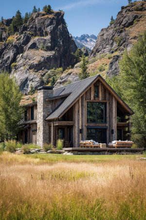 A wooden cabin is positioned amid a mountainous backdrop, framed by tall trees and a field of grass. The building features stone accents and a dark roof. The image displays natural lighting and a picturesque setting, ideal for showcasing architecture, travel, and vacation themes for potential commercial use.の素材