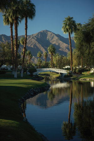 This outdoor scene presents a serene landscape featuring a tranquil lake mirroring palm trees and a bridge. The composition incorporates a mountain backdrop under a clear blue sky. The lighting suggests daytime with potential use for travel, nature, or environmental themed media.の素材