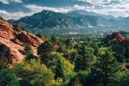 A vibrant landscape showcases mountains, forests, and red rock formations under a clear blue sky. The image features a bright, natural lighting and a high-angle composition. It's suitable for various applications, including travel, nature, or environmental themes in commercial and editorial contexts.の素材